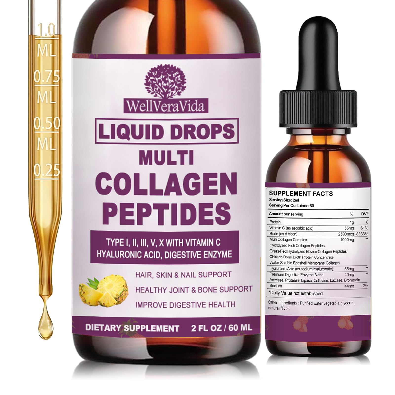 Multi Collagen Peptides Liquid Drops, 2oz – Types I, II, III, V, X, Hydrolyzed Collagen Complex for Hair, Skin, Nails, Bones & Joint Support | Collagen Supplement w. Hyaluronic Acid, Biotin, Vitamin C - TrustMedUSA