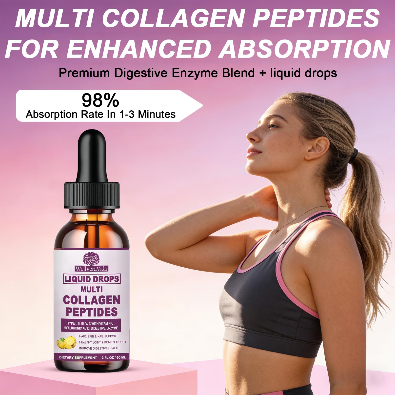 Multi Collagen Peptides Liquid Drops, 2oz – Types I, II, III, V, X, Hydrolyzed Collagen Complex for Hair, Skin, Nails, Bones & Joint Support | Collagen Supplement w. Hyaluronic Acid, Biotin, Vitamin C - TrustMedUSA