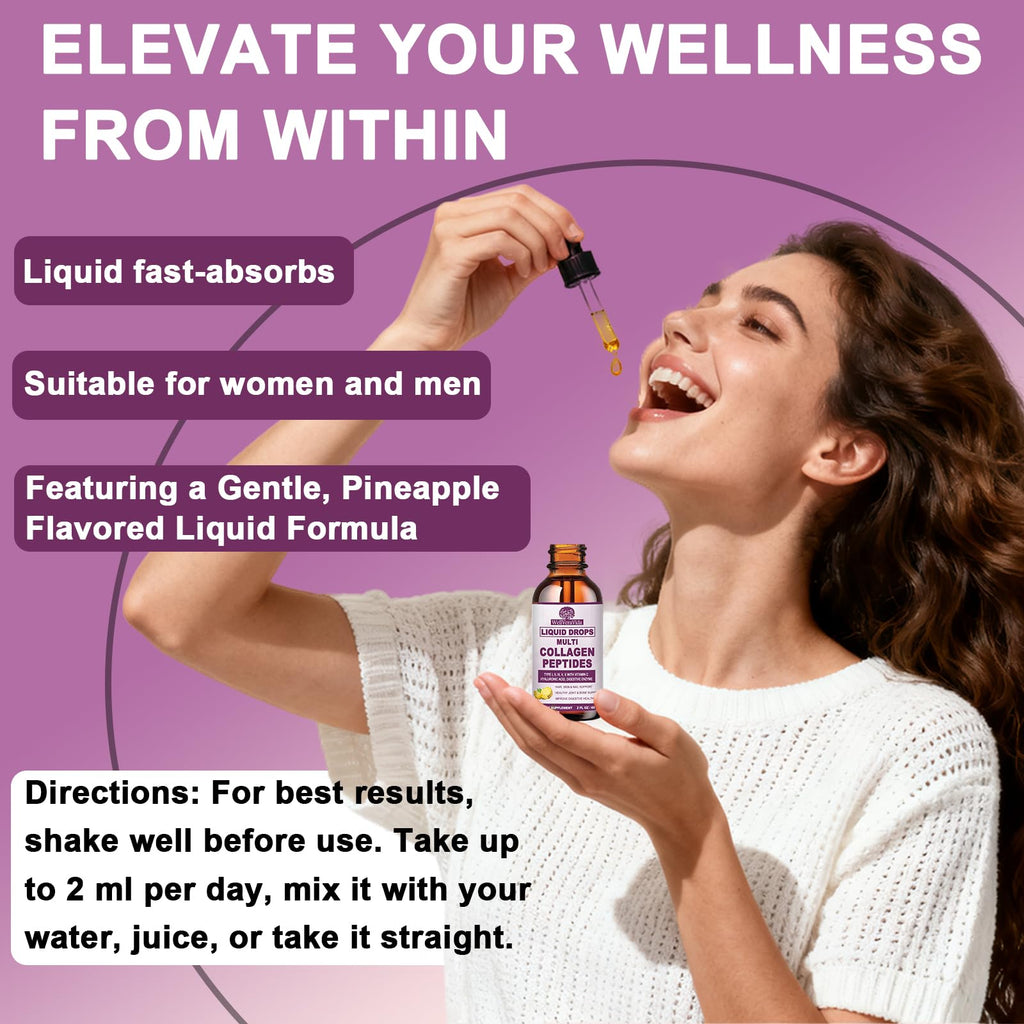 Multi Collagen Peptides Liquid Drops, 2oz – Types I, II, III, V, X, Hydrolyzed Collagen Complex for Hair, Skin, Nails, Bones & Joint Support | Collagen Supplement w. Hyaluronic Acid, Biotin, Vitamin C - TrustMedUSA