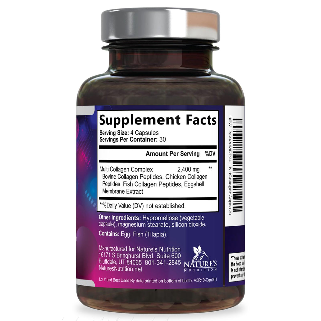 Multi Collagen Pills - Multi Collagen Complex 2400 mg Per Serving - Types I, II, III, V, X - Hydrolyzed Collagen Peptides Supplement - Hair, Skin & Nail Support - Bottled in the USA - 120 Capsules - Maple Wellness Supplements