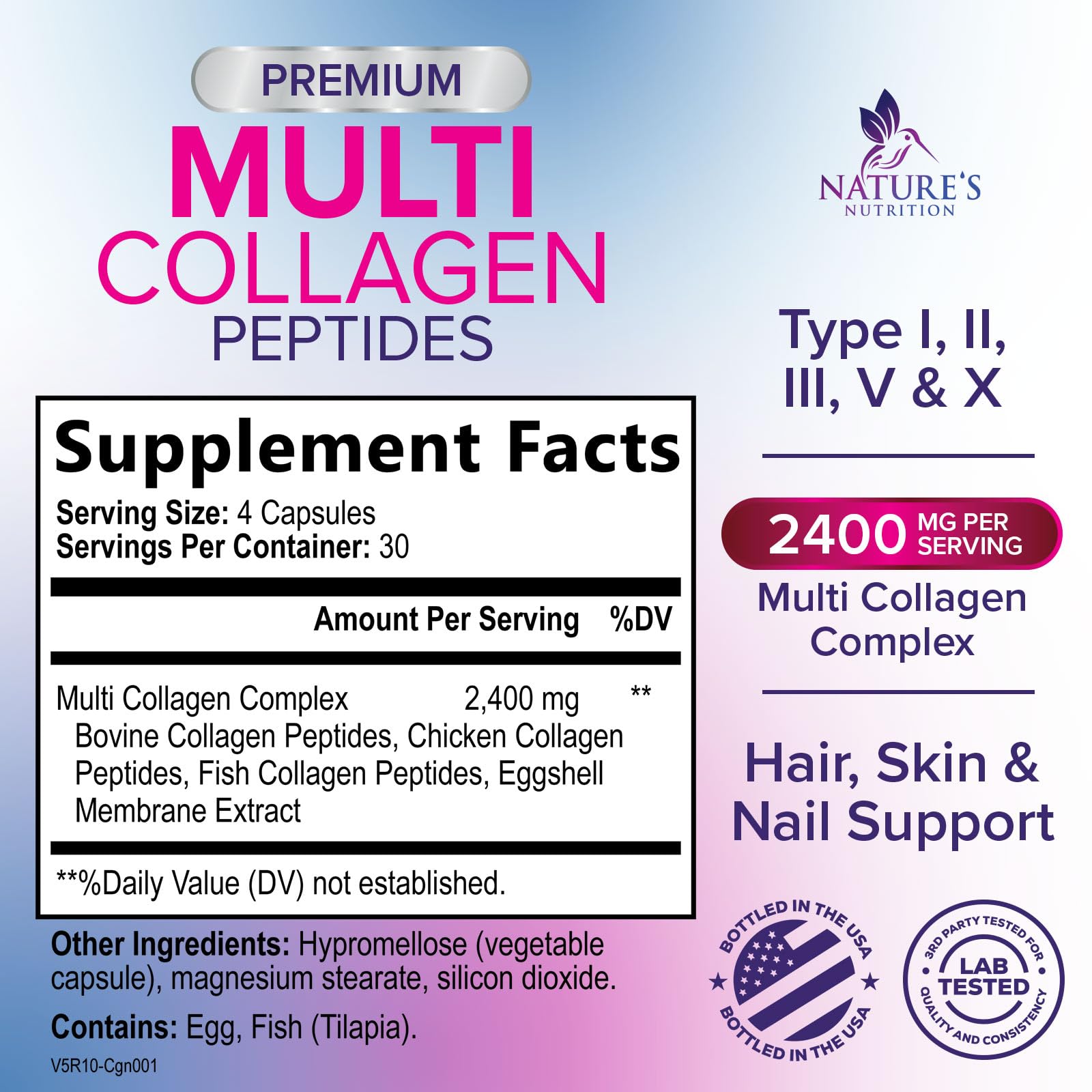 Multi Collagen Pills - Multi Collagen Complex 2400 mg Per Serving - Types I, II, III, V, X - Hydrolyzed Collagen Peptides Supplement - Hair, Skin & Nail Support - Bottled in the USA - 120 Capsules - Maple Wellness Supplements