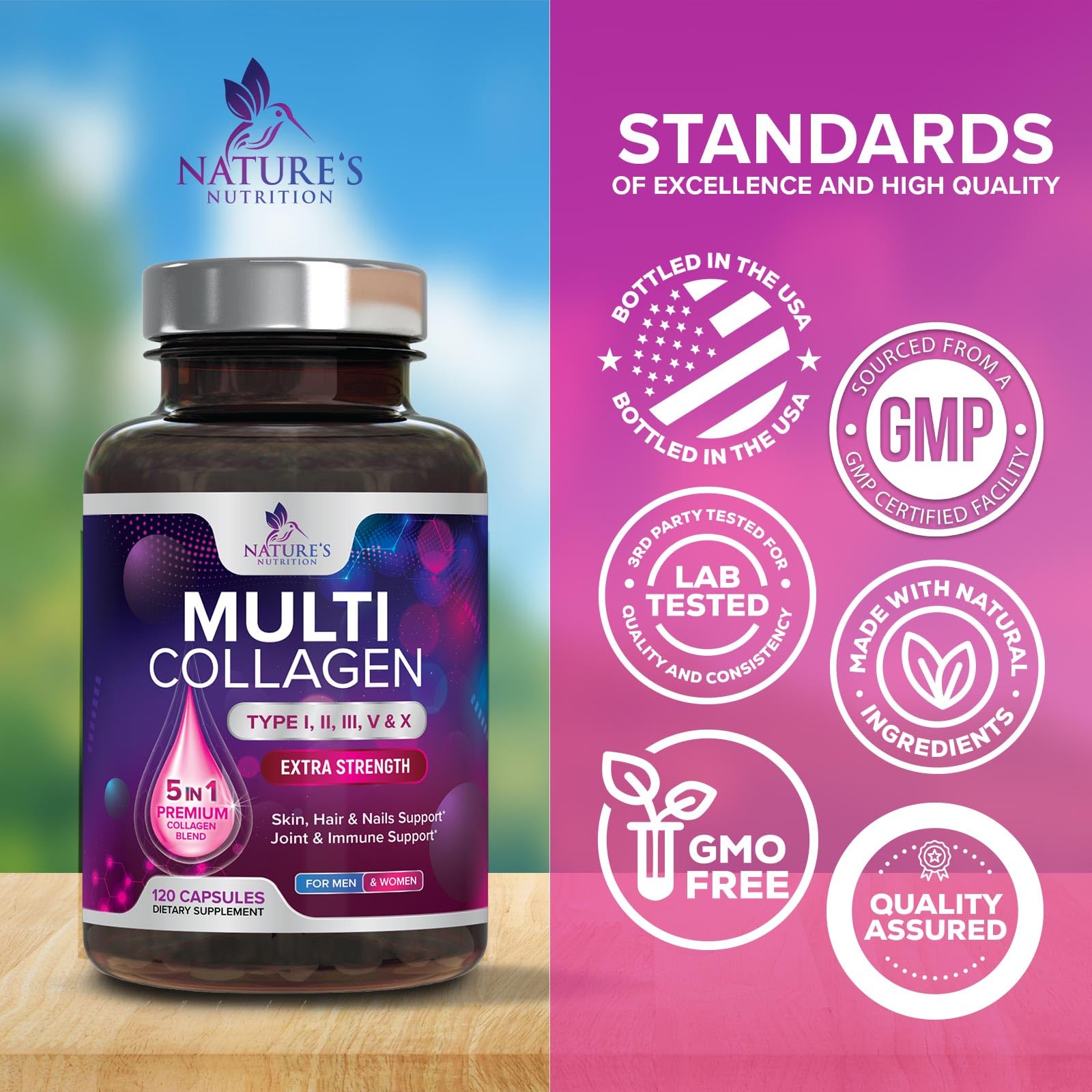 Multi Collagen Pills - Multi Collagen Complex 2400 mg Per Serving - Types I, II, III, V, X - Hydrolyzed Collagen Peptides Supplement - Hair, Skin & Nail Support - Bottled in the USA - 120 Capsules - Maple Wellness Supplements