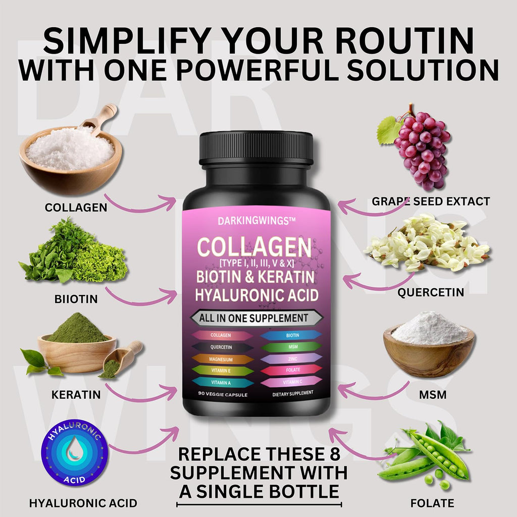 Multi Collagen Pills Peptides Types I, II, III, V & X MCG Biotin Keratin Hyaluronic Acid MSM Vitamin C Zinc Magnesium with Grape Seed Extract, Quercetin - Hair Skin and Nails Vitamins Capsule - TrustMedUSA