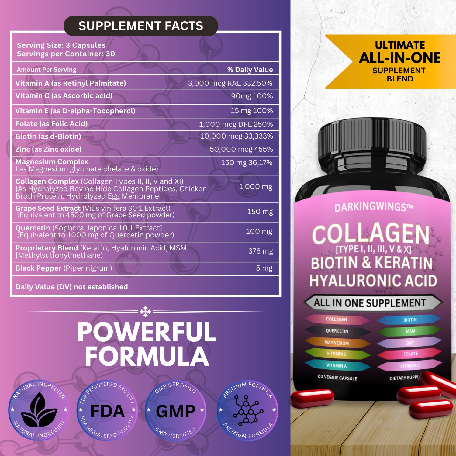 Multi Collagen Pills Peptides Types I, II, III, V & X MCG Biotin Keratin Hyaluronic Acid MSM Vitamin C Zinc Magnesium with Grape Seed Extract, Quercetin - Hair Skin and Nails Vitamins Capsule - TrustMedUSA