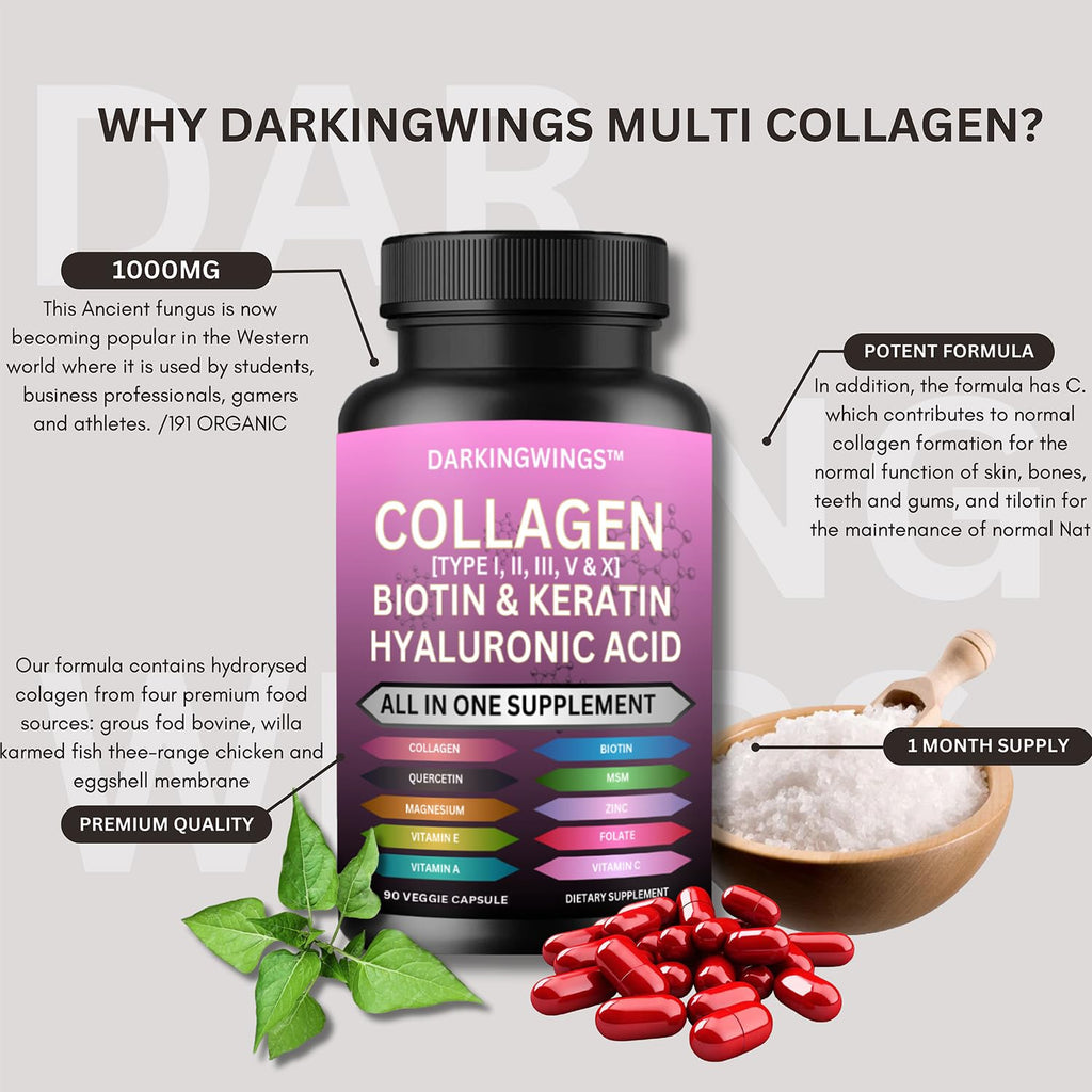 Multi Collagen Pills Peptides Types I, II, III, V & X MCG Biotin Keratin Hyaluronic Acid MSM Vitamin C Zinc Magnesium with Grape Seed Extract, Quercetin - Hair Skin and Nails Vitamins Capsule - TrustMedUSA