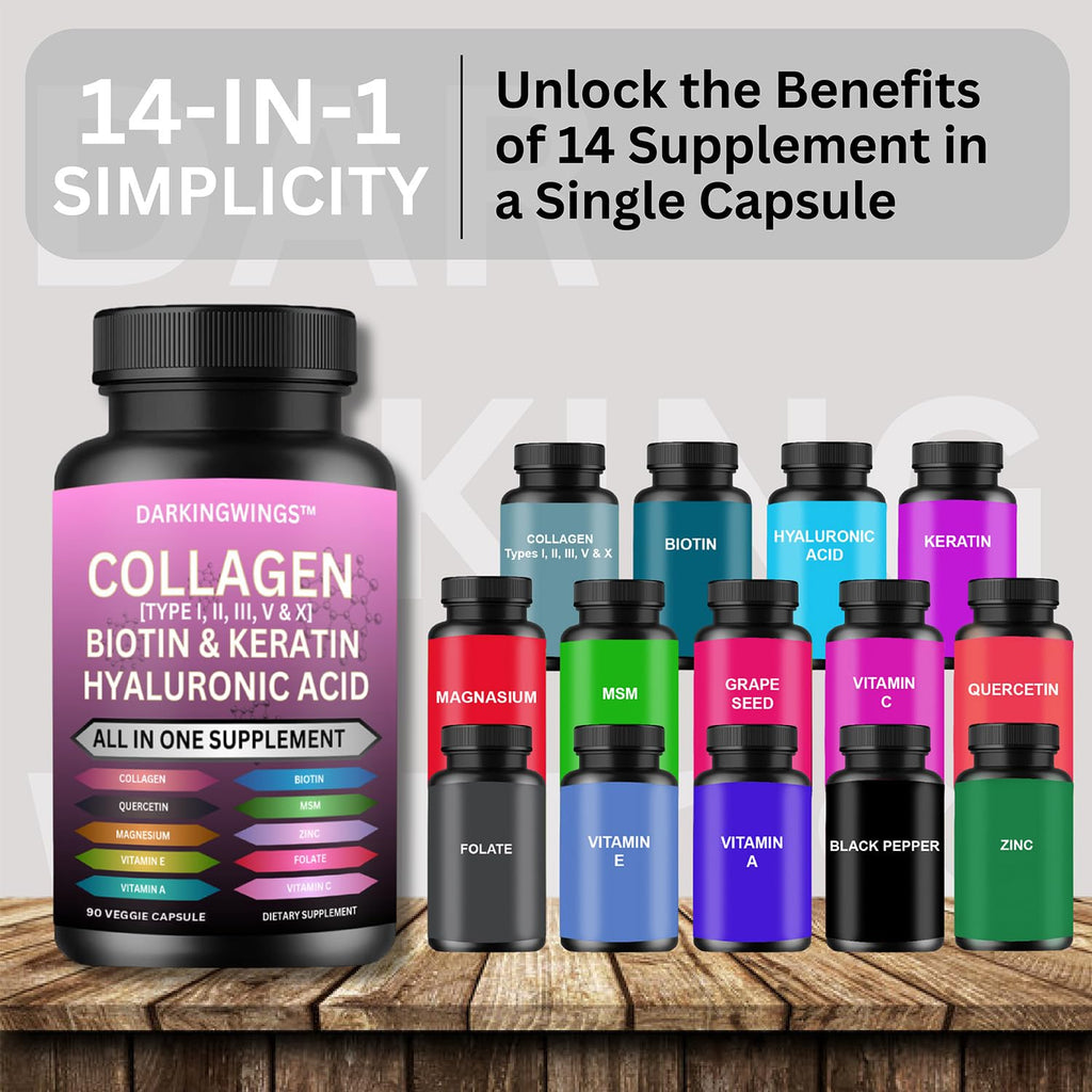 Multi Collagen Pills Peptides Types I, II, III, V & X MCG Biotin Keratin Hyaluronic Acid MSM Vitamin C Zinc Magnesium with Grape Seed Extract, Quercetin - Hair Skin and Nails Vitamins Capsule - TrustMedUSA
