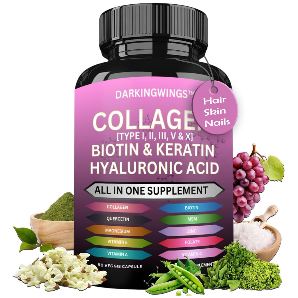 Multi Collagen Pills Peptides Types I, II, III, V & X MCG Biotin Keratin Hyaluronic Acid MSM Vitamin C Zinc Magnesium with Grape Seed Extract, Quercetin - Hair Skin and Nails Vitamins Capsule - TrustMedUSA