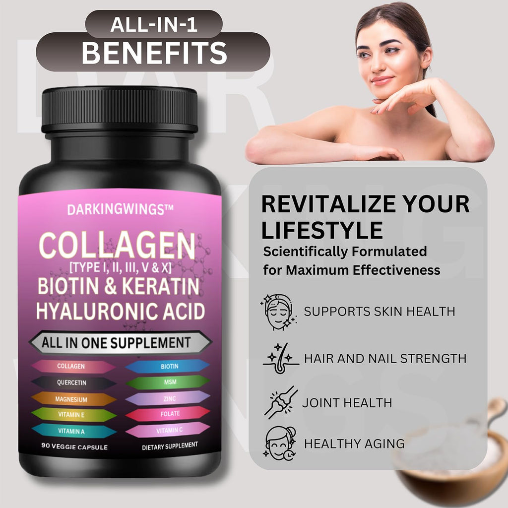 Multi Collagen Pills Peptides Types I, II, III, V & X MCG Biotin Keratin Hyaluronic Acid MSM Vitamin C Zinc Magnesium with Grape Seed Extract, Quercetin - Hair Skin and Nails Vitamins Capsule - TrustMedUSA