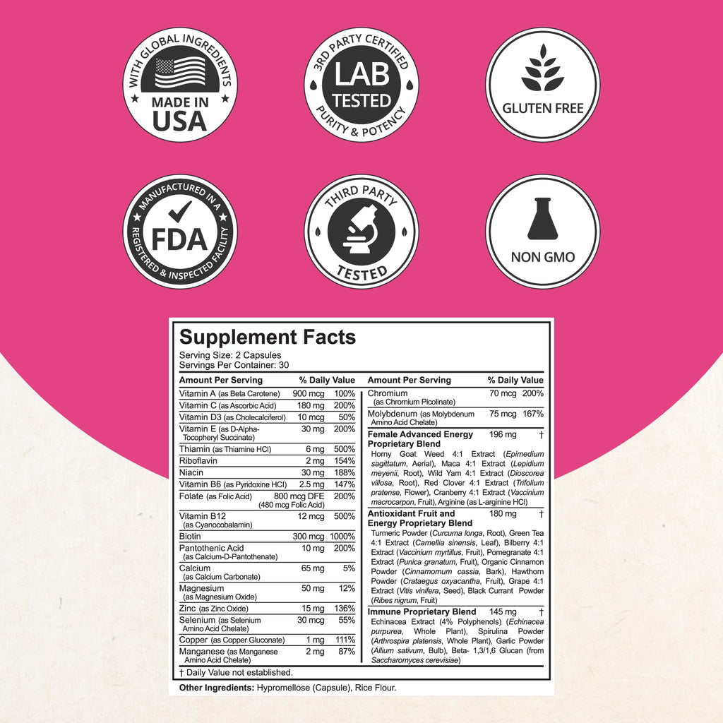 Multivitamin for Women with 39 Key Nutrients, Essential Vitamins, Minerals, Horny Goat Weed, Maca, Wild Yam, Red Clover, Cranberry, Arginine, Herbal Supplement | 60 Vegan Capsules | 1 Month Supply - Maple Wellness Supplements