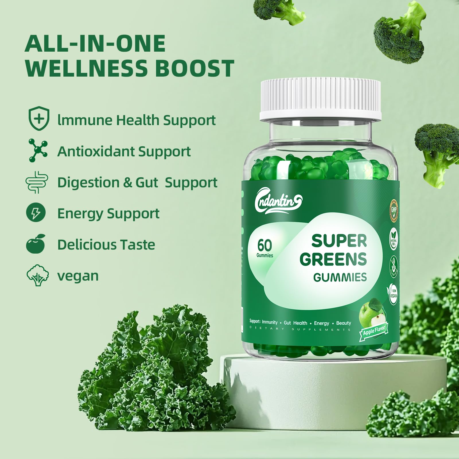 Multivitamin Super Greens Gummies - Daily Vegan Gummy Vitamins for Women, Apple Flavor | Organic Blend with Vitamin C, Turmeric, Zinc, Immune Support, Energy Booster, Metabolism | 60 Count - TrustMedUSA