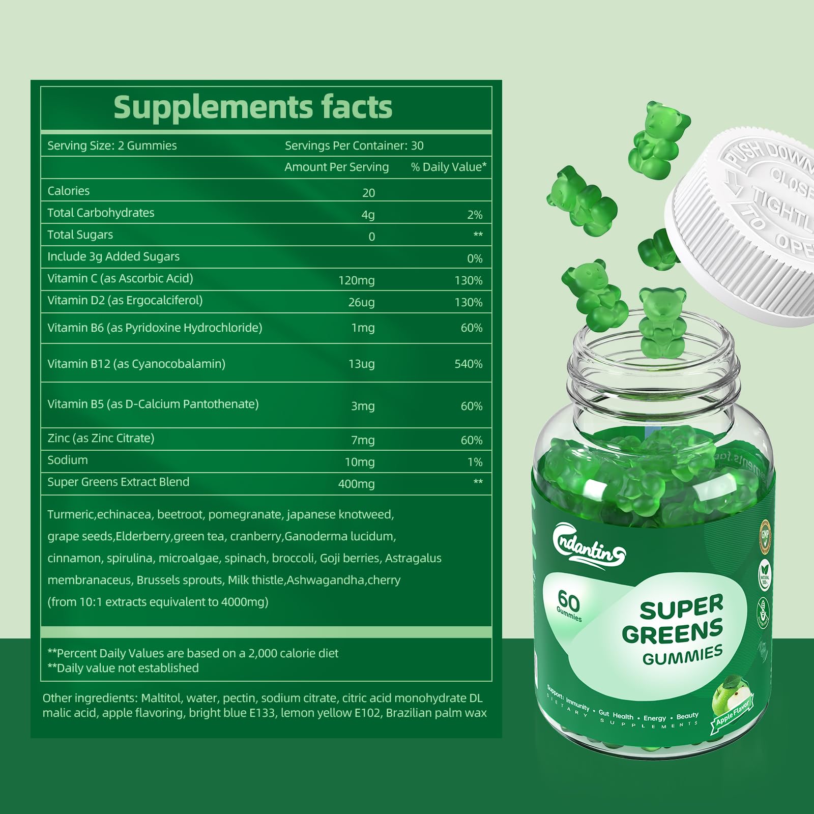 Multivitamin Super Greens Gummies - Daily Vegan Gummy Vitamins for Women, Apple Flavor | Organic Blend with Vitamin C, Turmeric, Zinc, Immune Support, Energy Booster, Metabolism | 60 Count - TrustMedUSA