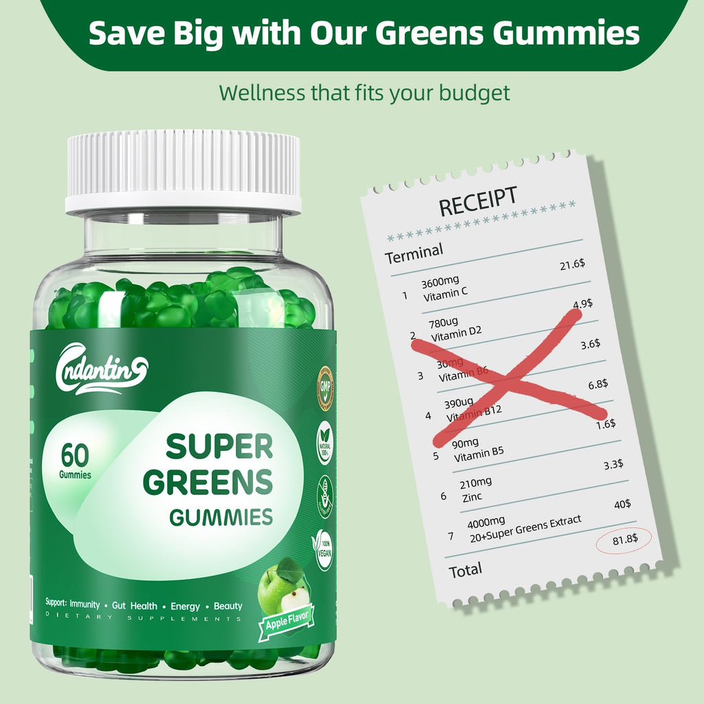 Multivitamin Super Greens Gummies - Daily Vegan Gummy Vitamins for Women, Apple Flavor | Organic Blend with Vitamin C, Turmeric, Zinc, Immune Support, Energy Booster, Metabolism | 60 Count - TrustMedUSA