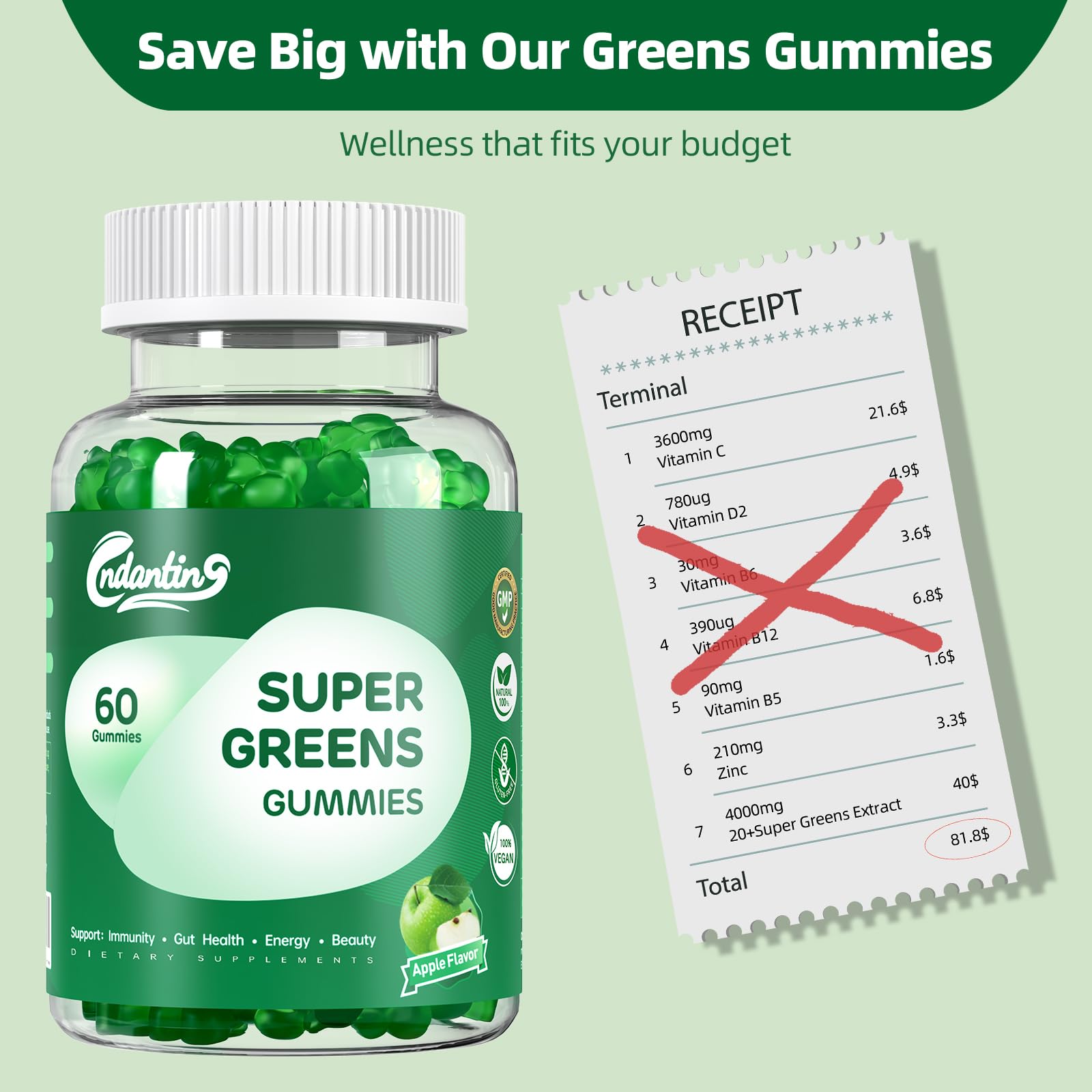 Multivitamin Super Greens Gummies - Daily Vegan Gummy Vitamins for Women, Apple Flavor | Organic Blend with Vitamin C, Turmeric, Zinc, Immune Support, Energy Booster, Metabolism | 60 Count - TrustMedUSA