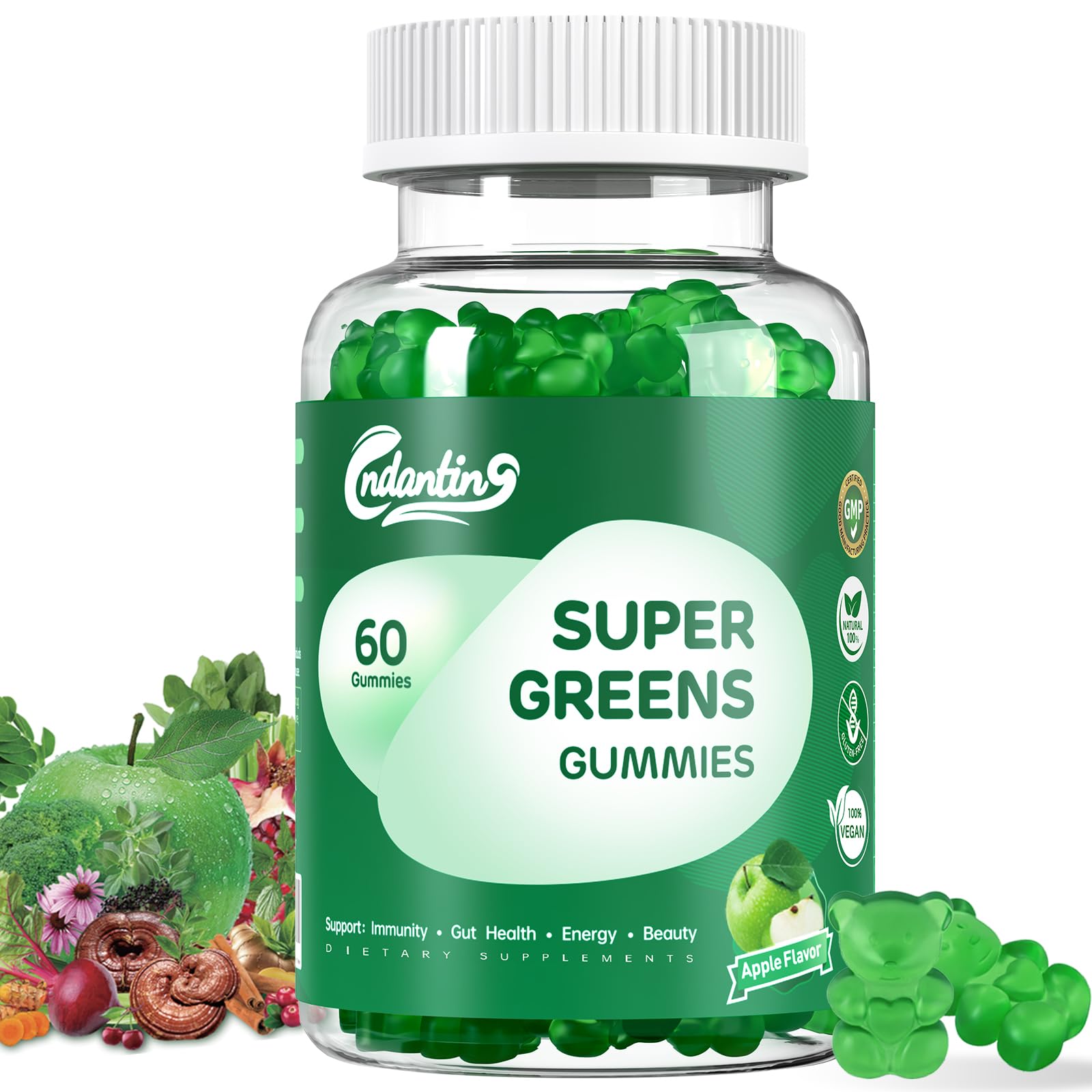 Multivitamin Super Greens Gummies - Daily Vegan Gummy Vitamins for Women, Apple Flavor | Organic Blend with Vitamin C, Turmeric, Zinc, Immune Support, Energy Booster, Metabolism | 60 Count - TrustMedUSA