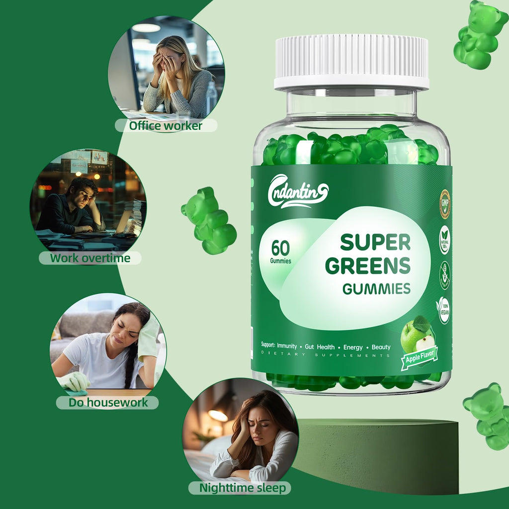 Multivitamin Super Greens Gummies - Daily Vegan Gummy Vitamins for Women, Apple Flavor | Organic Blend with Vitamin C, Turmeric, Zinc, Immune Support, Energy Booster, Metabolism | 60 Count - TrustMedUSA