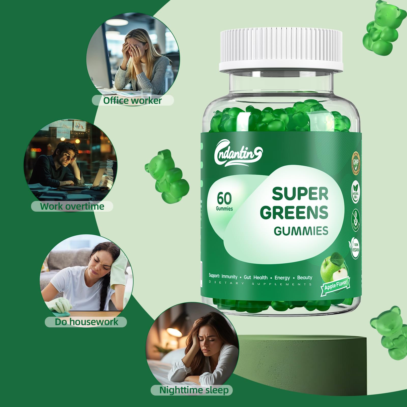 Multivitamin Super Greens Gummies - Daily Vegan Gummy Vitamins for Women, Apple Flavor | Organic Blend with Vitamin C, Turmeric, Zinc, Immune Support, Energy Booster, Metabolism | 60 Count - TrustMedUSA