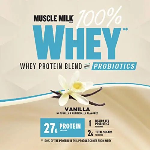 Muscle Milk 100% Whey With Probiotics Protein Powder, Vanilla, 1.85 Pound, 23 Servings - TrustMedUSA