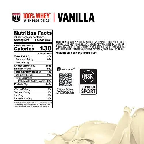 Muscle Milk 100% Whey With Probiotics Protein Powder, Vanilla, 1.85 Pound, 23 Servings - TrustMedUSA