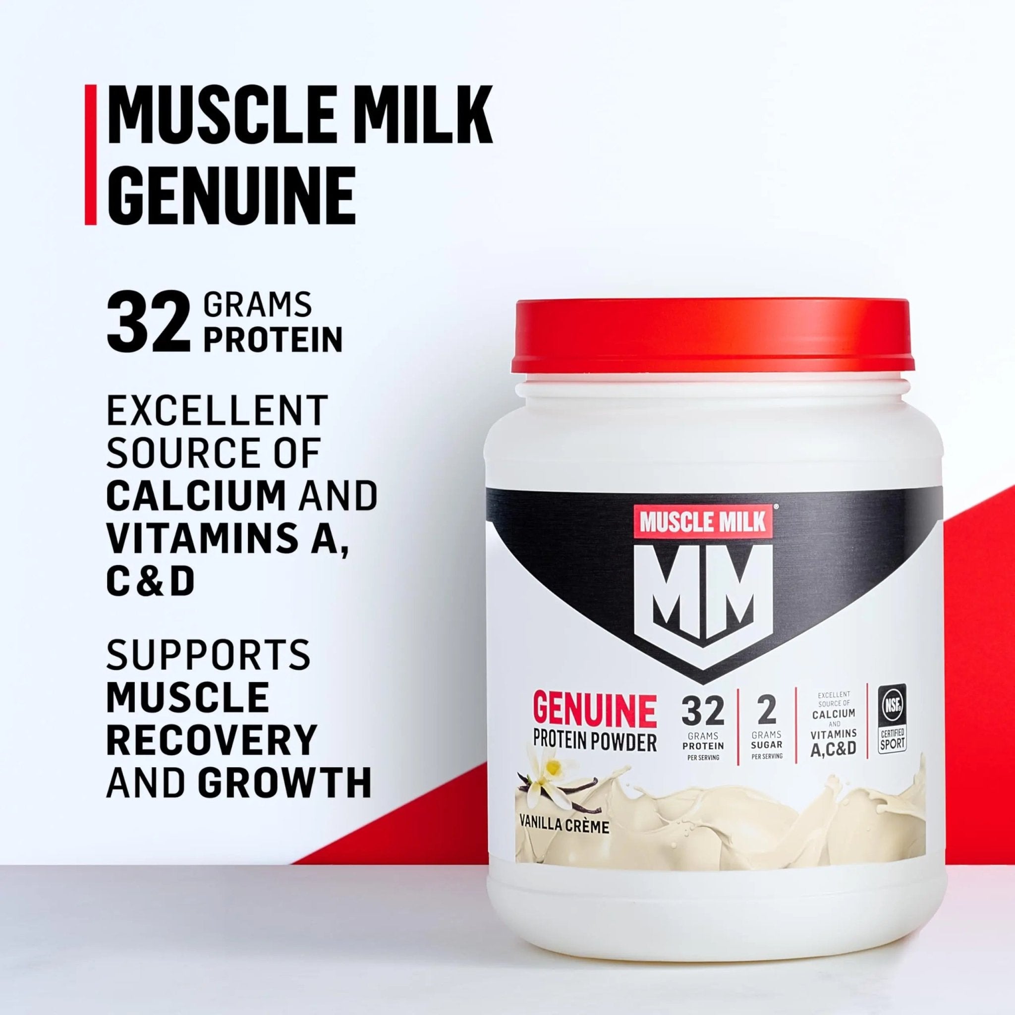Muscle Milk Genuine Protein Powder, Vanilla Crème, 1.93 Pounds, 12 Servings, 32g Protein, 2g Sugar, Calcium, Vitamins A, C & D, NSF Certified for Sport, Energizing Snack, Packaging May Vary - TrustMedUSA