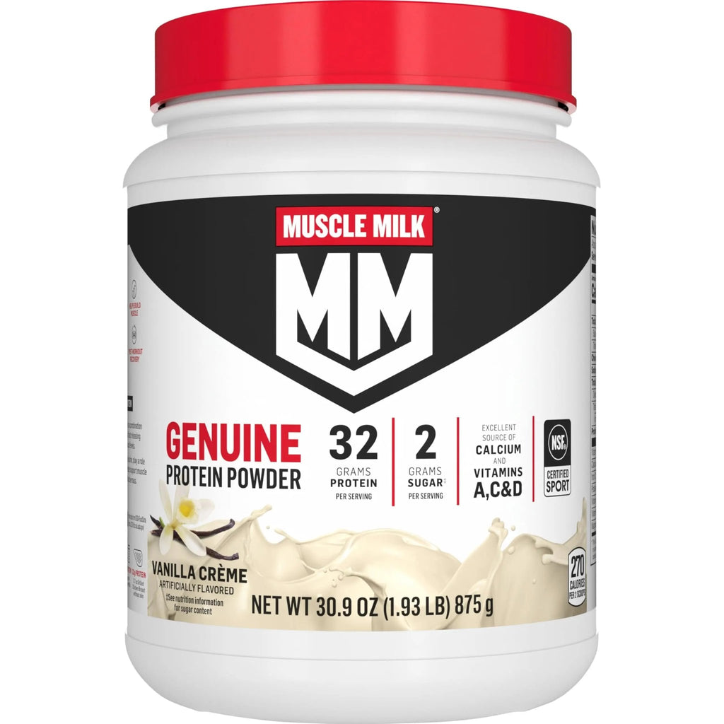 Muscle Milk Genuine Protein Powder, Vanilla Crème, 1.93 Pounds, 12 Servings, 32g Protein, 2g Sugar, Calcium, Vitamins A, C & D, NSF Certified for Sport, Energizing Snack, Packaging May Vary - TrustMedUSA