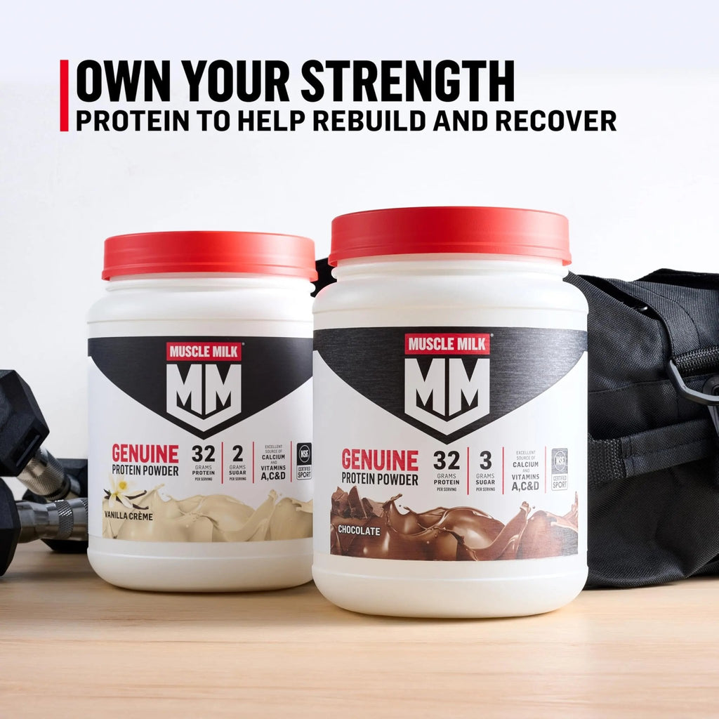 Muscle Milk Genuine Protein Powder, Vanilla Crème, 1.93 Pounds, 12 Servings, 32g Protein, 2g Sugar, Calcium, Vitamins A, C & D, NSF Certified for Sport, Energizing Snack, Packaging May Vary - TrustMedUSA