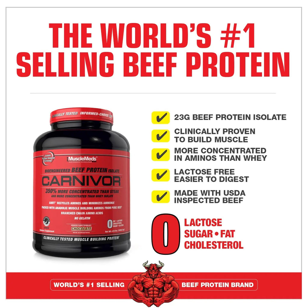 MuscleMeds, Carnivor Beef Protein Isolate Powder 56 Servings, Chocolate, 72 Ounce - TrustMedUSA