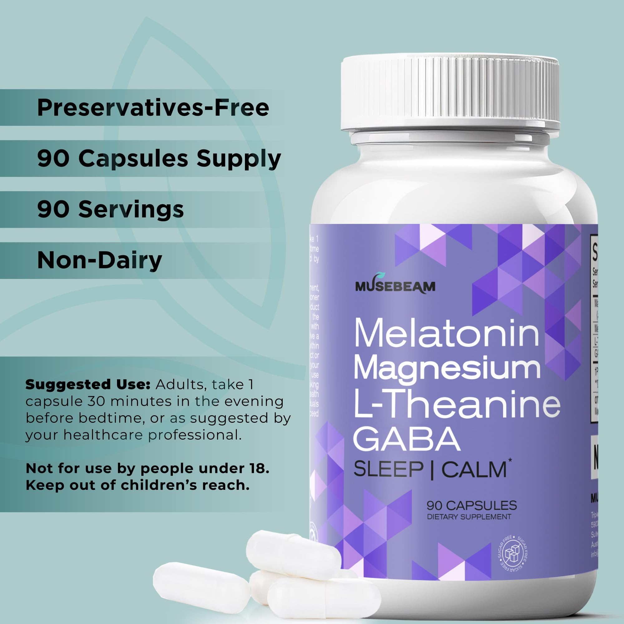 MuseBeam Magnesium Glycinate 275mg Melatonin 5mg L-Theanine 200mg GABA 100mg Capsules - Full Rest Nighttime Bedtime Support Supplement for Men Women - Vegan Sugar-Free Gluten-Free - TrustMedUSA