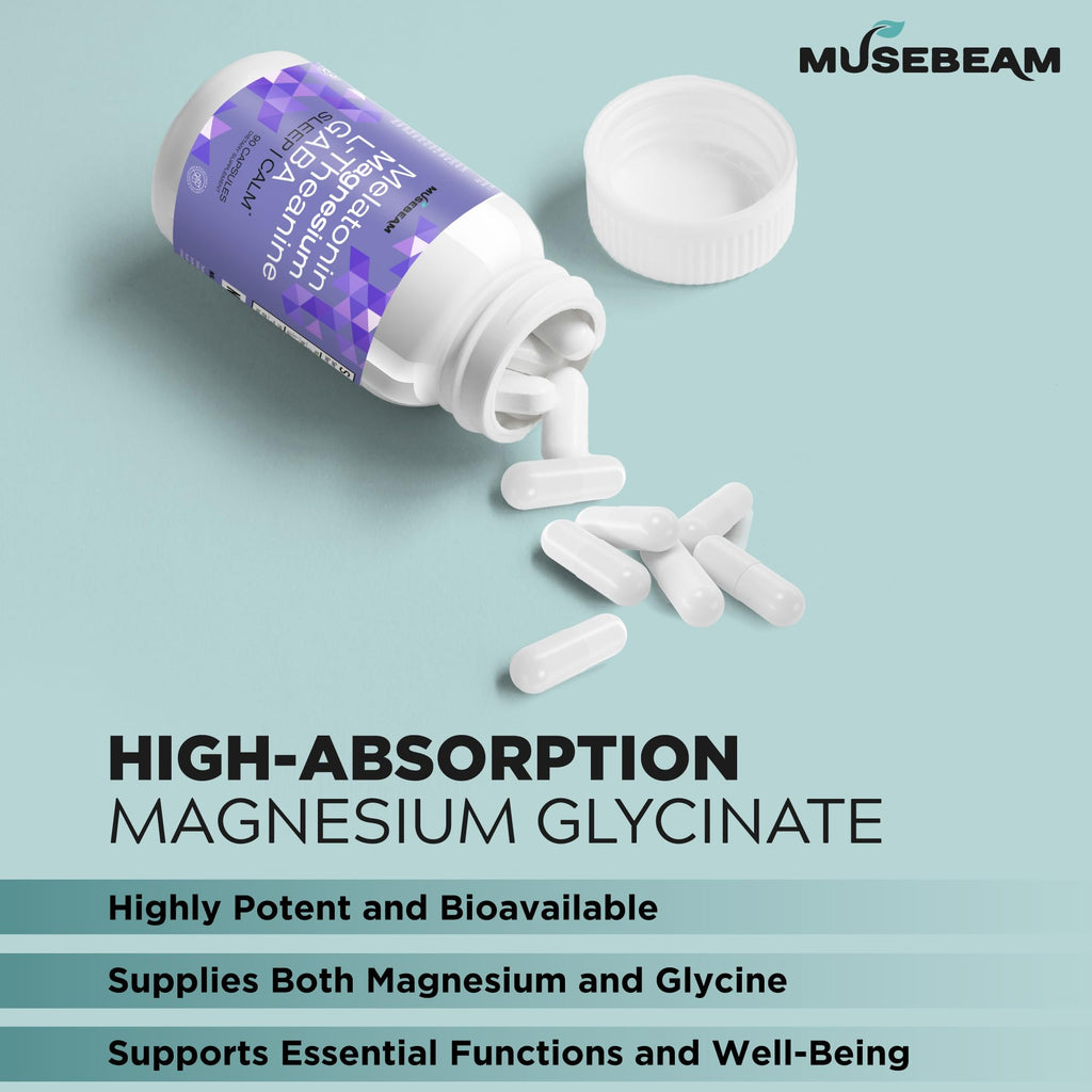MuseBeam Magnesium Glycinate 275mg Melatonin 5mg L-Theanine 200mg GABA 100mg Capsules - Full Rest Nighttime Bedtime Support Supplement for Men Women - Vegan Sugar-Free Gluten-Free - TrustMedUSA