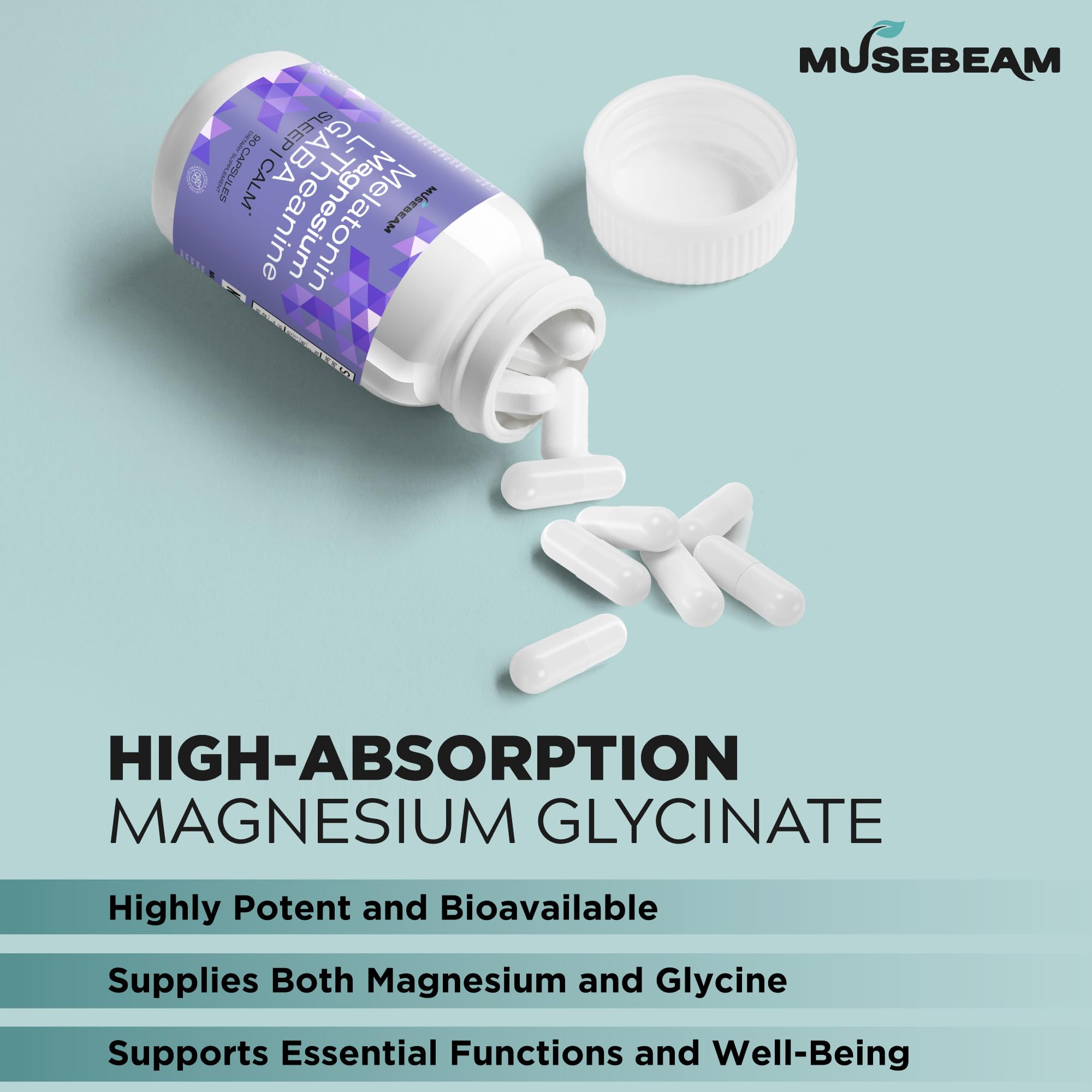MuseBeam Magnesium Glycinate 275mg Melatonin 5mg L-Theanine 200mg GABA 100mg Capsules - Full Rest Nighttime Bedtime Support Supplement for Men Women - Vegan Sugar-Free Gluten-Free - TrustMedUSA