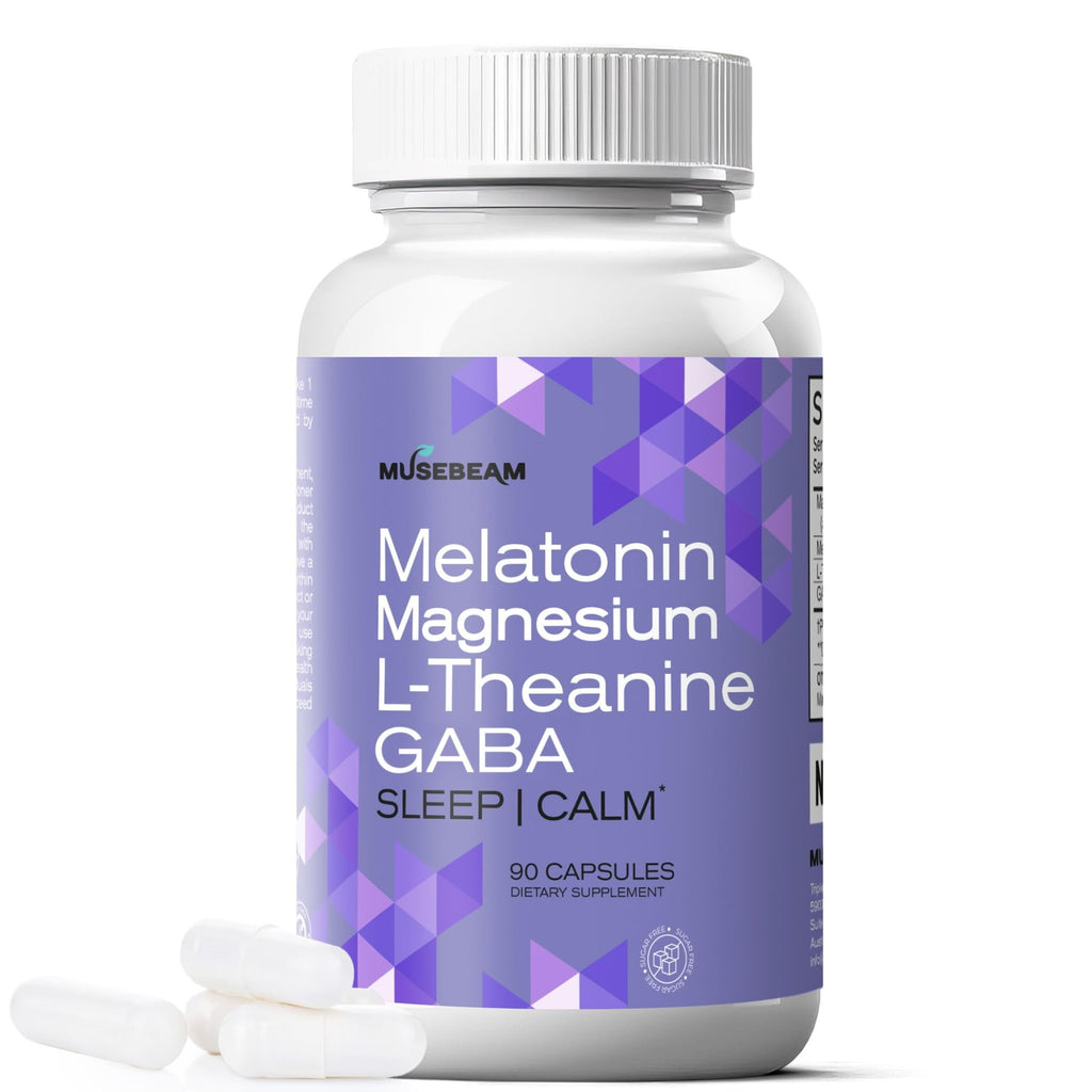MuseBeam Magnesium Glycinate 275mg Melatonin 5mg L-Theanine 200mg GABA 100mg Capsules - Full Rest Nighttime Bedtime Support Supplement for Men Women - Vegan Sugar-Free Gluten-Free - TrustMedUSA