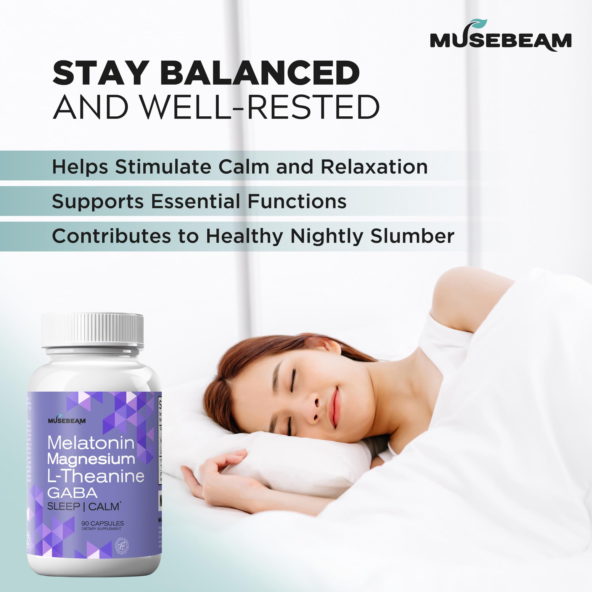 MuseBeam Magnesium Glycinate 275mg Melatonin 5mg L-Theanine 200mg GABA 100mg Capsules - Full Rest Nighttime Bedtime Support Supplement for Men Women - Vegan Sugar-Free Gluten-Free - TrustMedUSA
