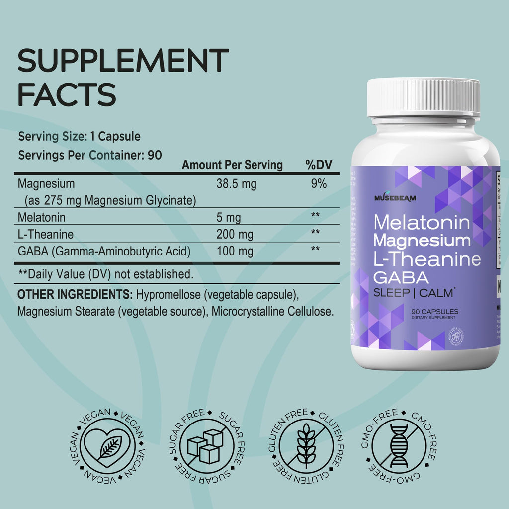 MuseBeam Magnesium Glycinate 275mg Melatonin 5mg L-Theanine 200mg GABA 100mg Capsules - Full Rest Nighttime Bedtime Support Supplement for Men Women - Vegan Sugar-Free Gluten-Free - TrustMedUSA