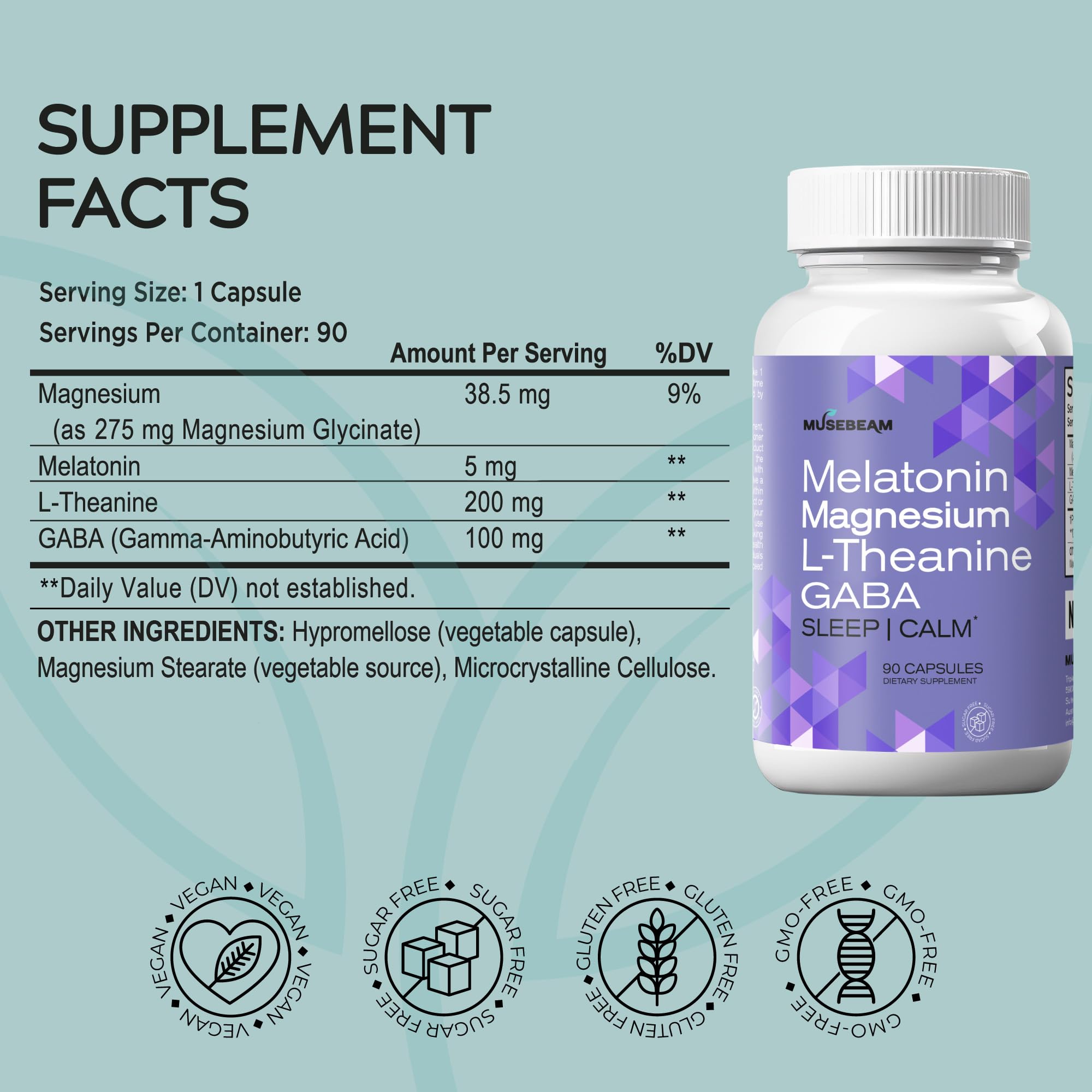 MuseBeam Magnesium Glycinate 275mg Melatonin 5mg L-Theanine 200mg GABA 100mg Capsules - Full Rest Nighttime Bedtime Support Supplement for Men Women - Vegan Sugar-Free Gluten-Free - TrustMedUSA