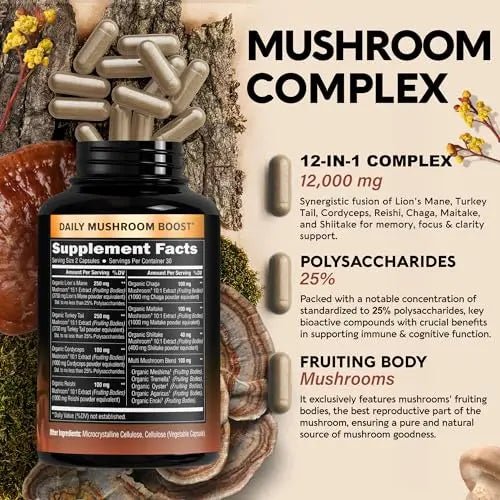 Mushroom Supplement - Organic Lion's Mane | Turkey Tail | Chaga | Cordyceps | Reishi - TrustMedUSA