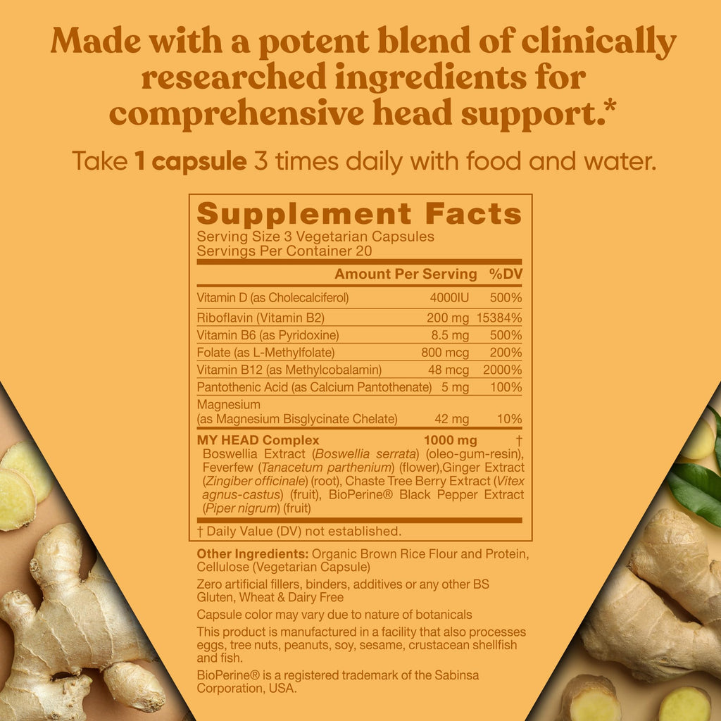 My Head! Headache Vitamins – Sensitivity, Tension, Comfort, Healthy Head Function for A Clear Mind – Fast acting Magnesium, Feverfew, Boswellia, Vitamin D, Ginger, & More – 60 Soft Capsules - TrustMedUSA