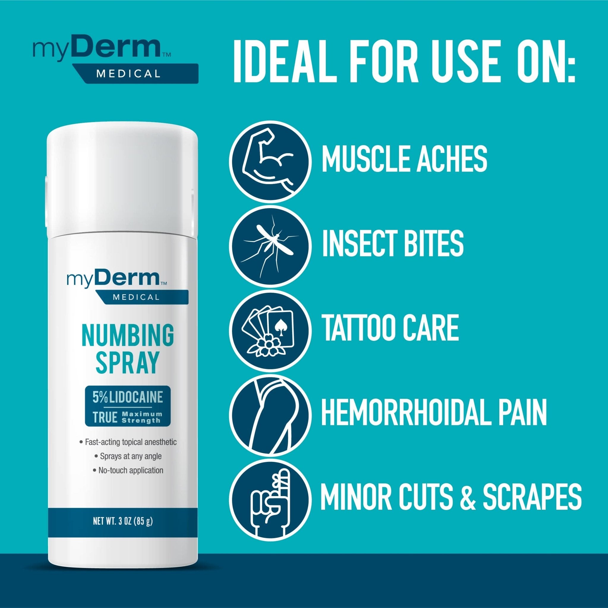 Myderm Medical Numbing Spray - 4.5oz - Maximum Strength 5% Lidocaine with Phenylephrine HCl and Witch Hazel - Fast-Acting Reliever with A Touch-Free Application - First Aid Supplies - Made in USA - TrustMedUSA