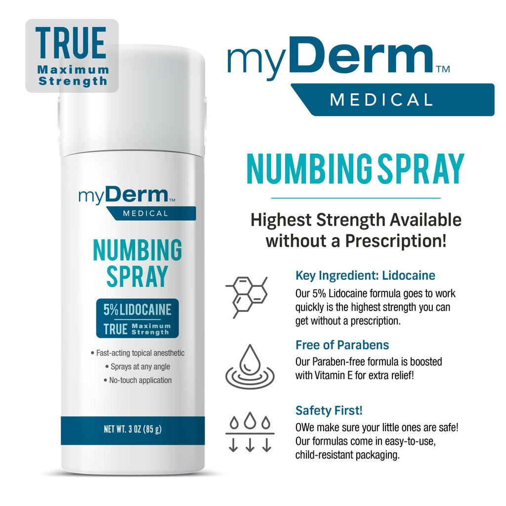 Myderm Medical Numbing Spray - 4.5oz - Maximum Strength 5% Lidocaine with Phenylephrine HCl and Witch Hazel - Fast-Acting Reliever with A Touch-Free Application - First Aid Supplies - Made in USA - TrustMedUSA