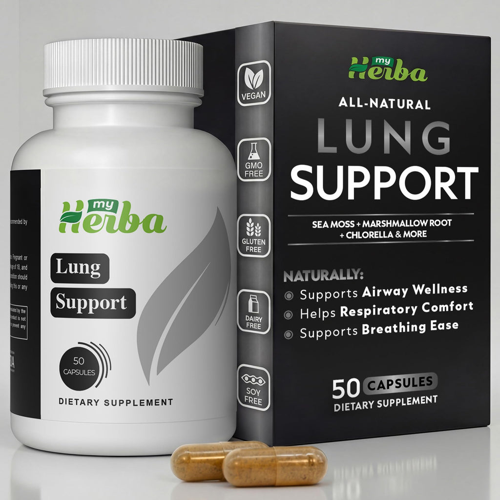 MyHerba Lung Support Supplement - Vegan Formula with Marshmallow Root, Chlorella, Ginkgo Biloba Leaf, Irish Sea Moss & PAU D’Arco - Deep Lung Cleanse, Detox and Immune Support for Adults, 50 Capsules - TrustMedUSA