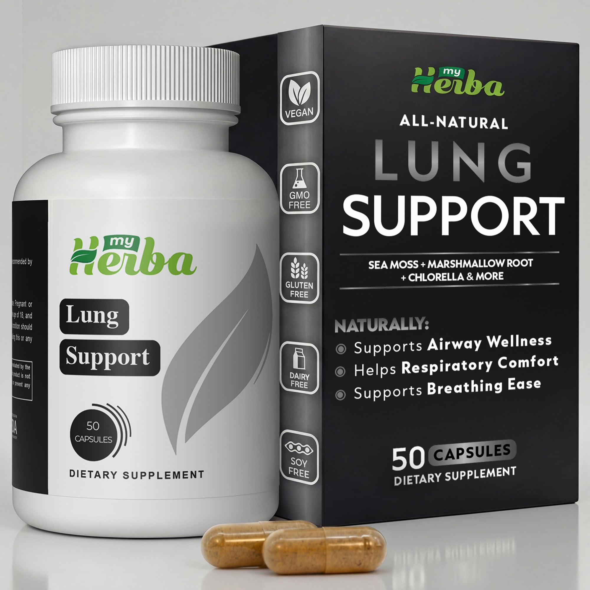 MyHerba Lung Support Supplement - Vegan Formula with Marshmallow Root, Chlorella, Ginkgo Biloba Leaf, Irish Sea Moss & PAU D’Arco - Deep Lung Cleanse, Detox and Immune Support for Adults, 50 Capsules - TrustMedUSA