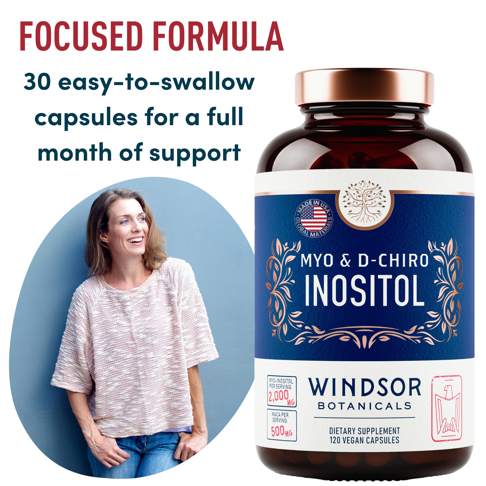 Myo-Inositol & D-Chiro Inositol 40:1 Ratio 2,000 mg - PCOS Supplements with Maca Root & Ashwagandha - Ovarian Health Support Vitamins - Hormone & Fertility Supplements for Women - 120 Vegan Caps - TrustMedUSA