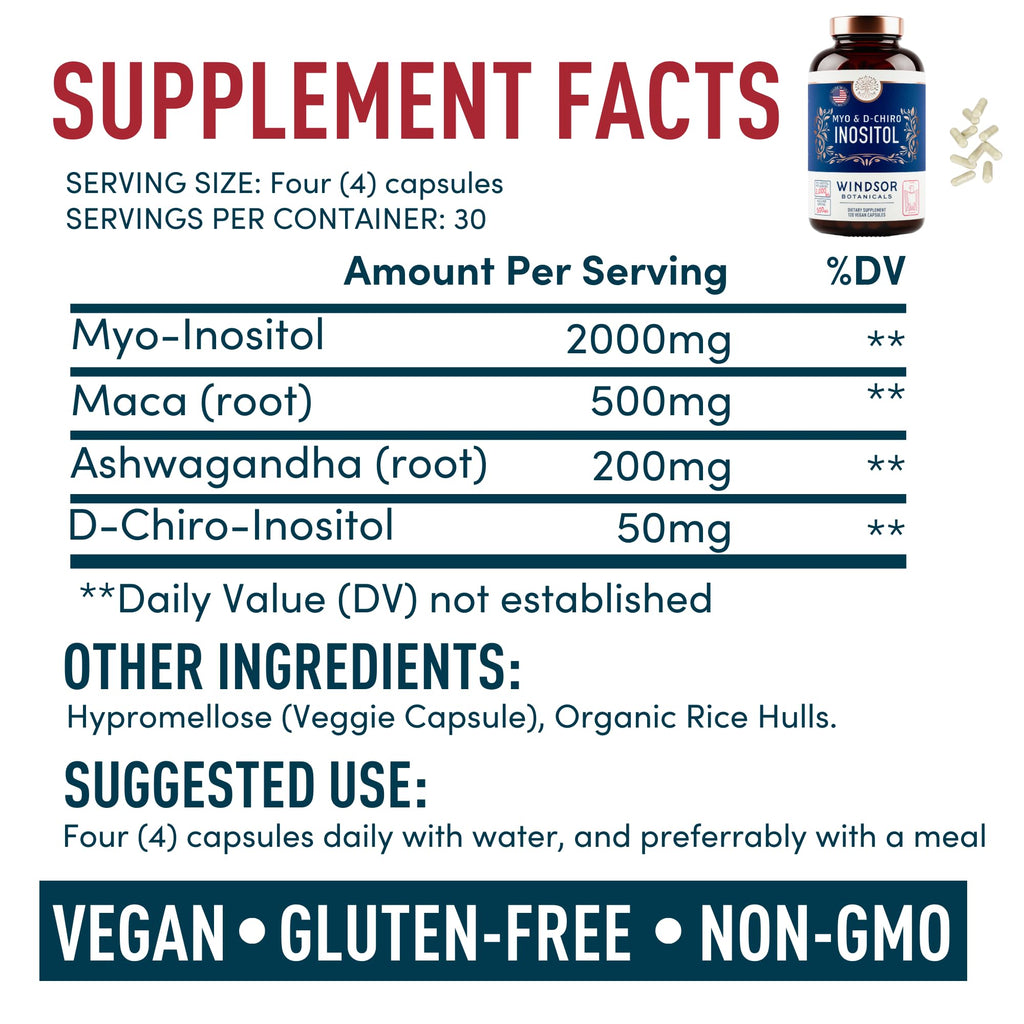Myo-Inositol & D-Chiro Inositol 40:1 Ratio 2,000 mg - PCOS Supplements with Maca Root & Ashwagandha - Ovarian Health Support Vitamins - Hormone & Fertility Supplements for Women - 120 Vegan Caps - TrustMedUSA