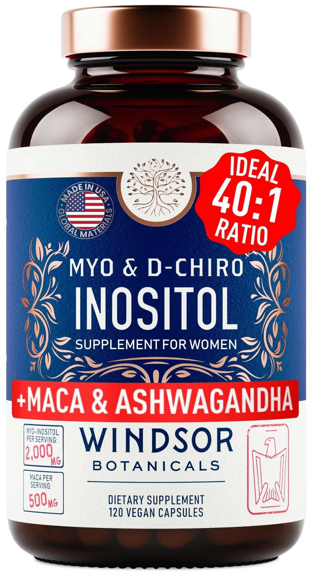 Myo-Inositol & D-Chiro Inositol 40:1 Ratio 2,000 mg - PCOS Supplements with Maca Root & Ashwagandha - Ovarian Health Support Vitamins - Hormone & Fertility Supplements for Women - 120 Vegan Caps - TrustMedUSA