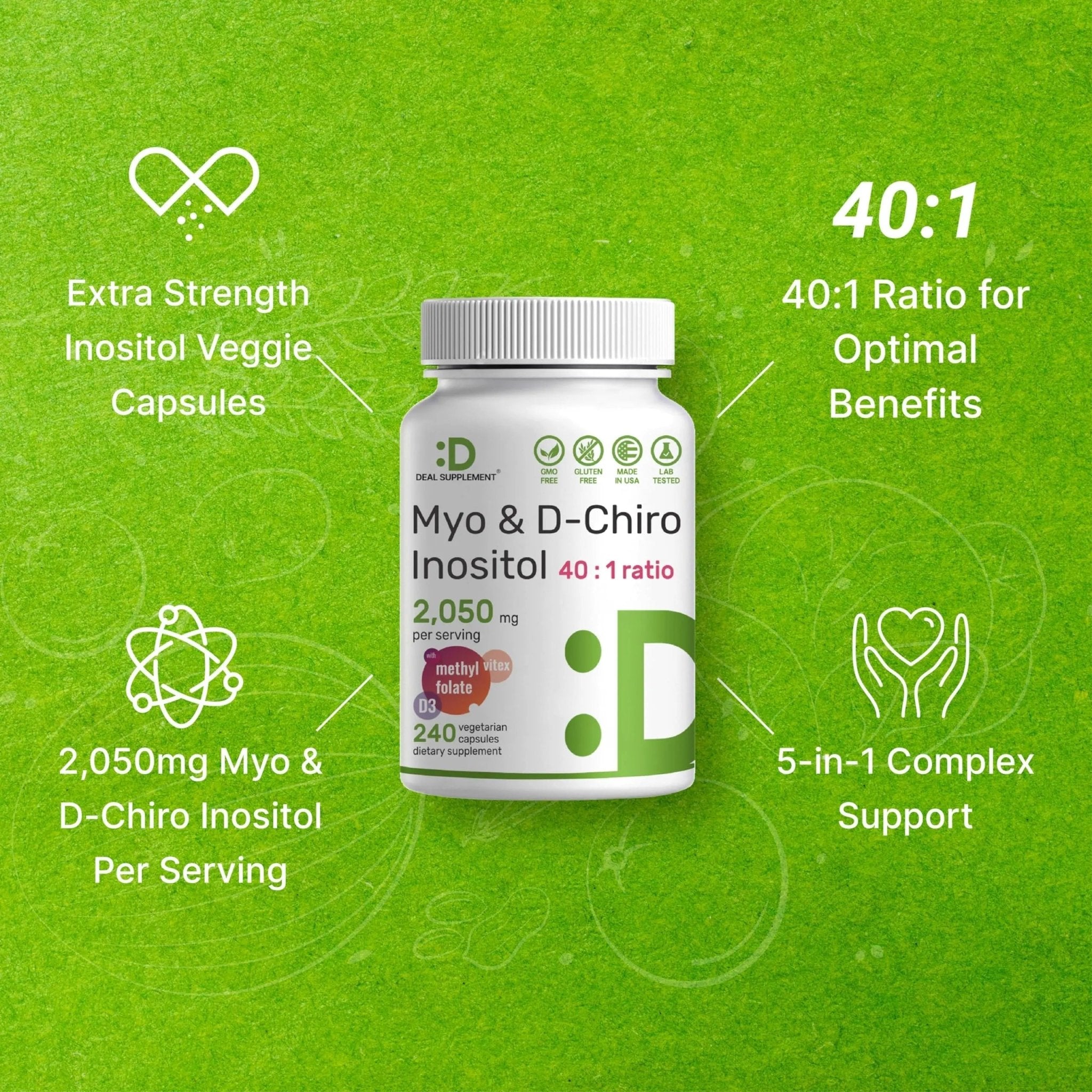 Myo-Inositol & D-Chiro Inositol Supplement (40:1) 2,050mg Per Serving, 240 Veggie Cap - TrustMedUSA