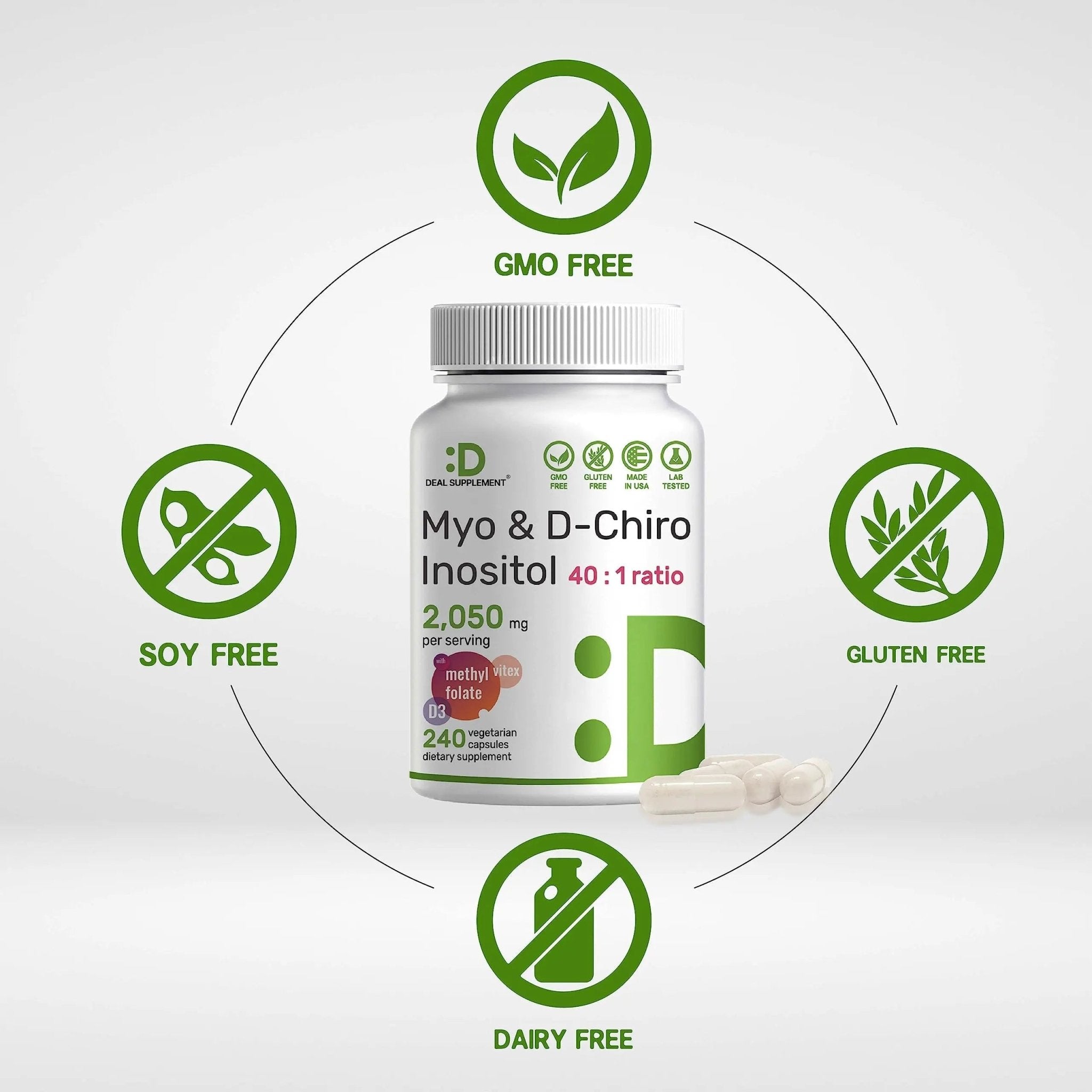 Myo-Inositol & D-Chiro Inositol Supplement (40:1) 2,050mg Per Serving, 240 Veggie Cap - TrustMedUSA