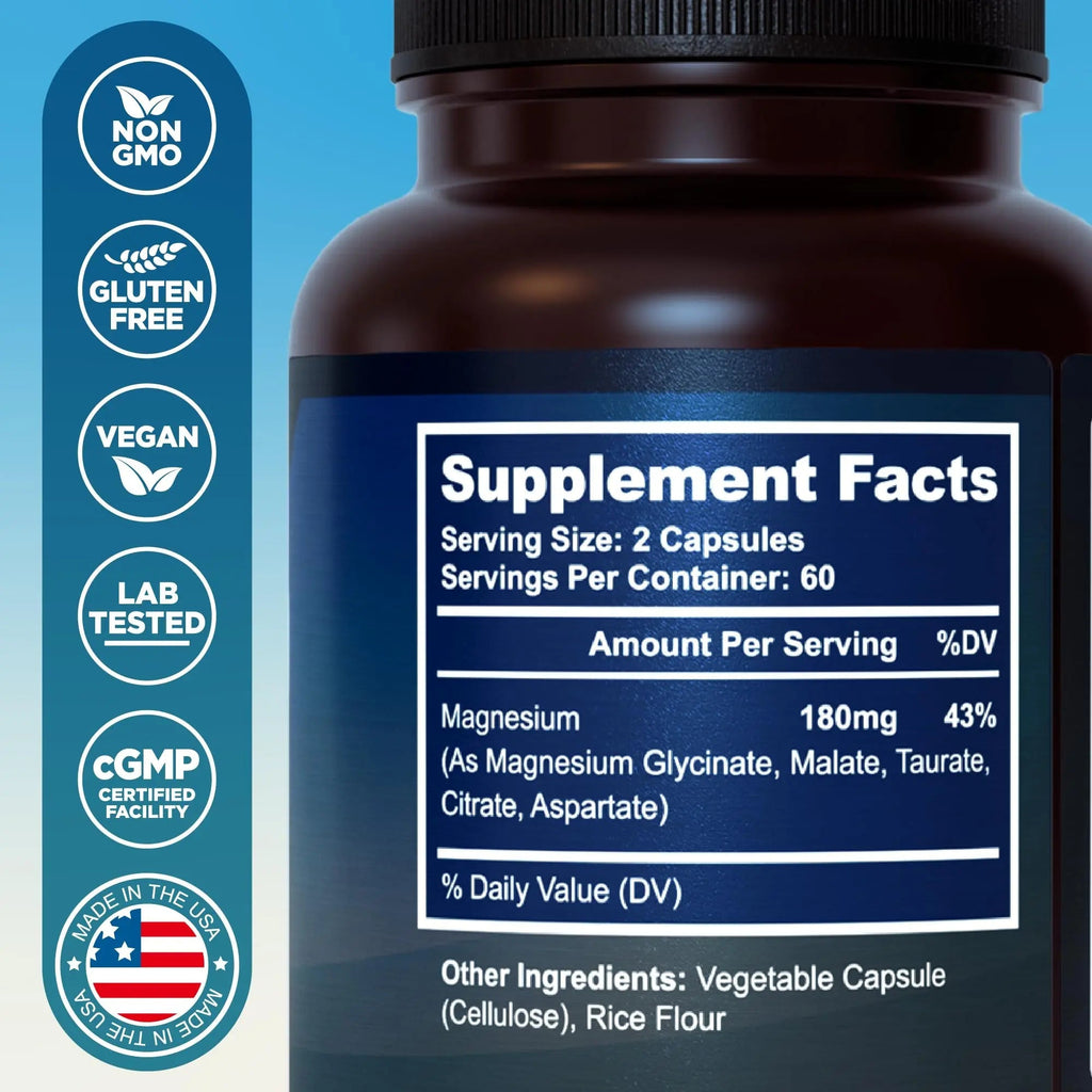 MyoActivo 5-in-1 Magnesium Complex - High Absorption - Chelated Magnesium Glycinate, Malate, Citrate, Taurate, & Aspartate for Nerves, Muscles, Bones | 120 Capsules | Magnesium Supplement - TrustMedUSA