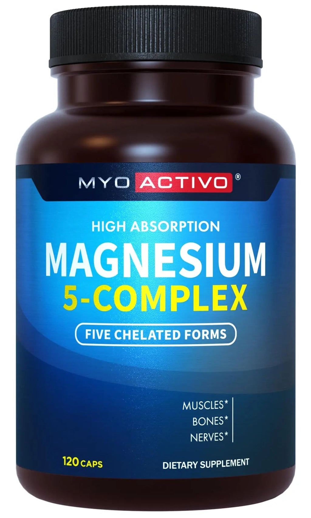 MyoActivo 5-in-1 Magnesium Complex - High Absorption - Chelated Magnesium Glycinate, Malate, Citrate, Taurate, & Aspartate for Nerves, Muscles, Bones | 120 Capsules | Magnesium Supplement - TrustMedUSA