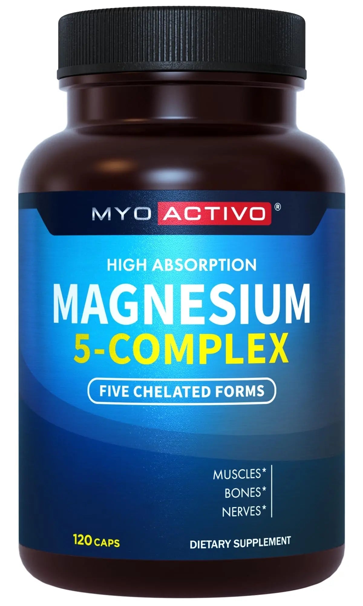 MyoActivo 5-in-1 Magnesium Complex - High Absorption - Chelated Magnesium Glycinate, Malate, Citrate, Taurate, & Aspartate for Nerves, Muscles, Bones | 120 Capsules | Magnesium Supplement - TrustMedUSA
