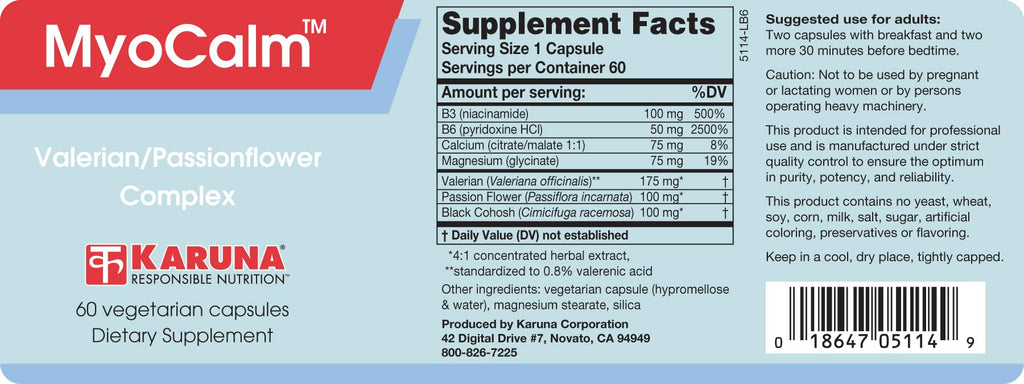 MyoCalm 60 Vegetarian Capsules | Valerian 175mg, Passion Flower 100mg, Black Cohosh 100mg, Calcium 75mg, Magnesium 75mg, b3(niacinamide), b6(Pyridoxine HCI) - TrustMedUSA