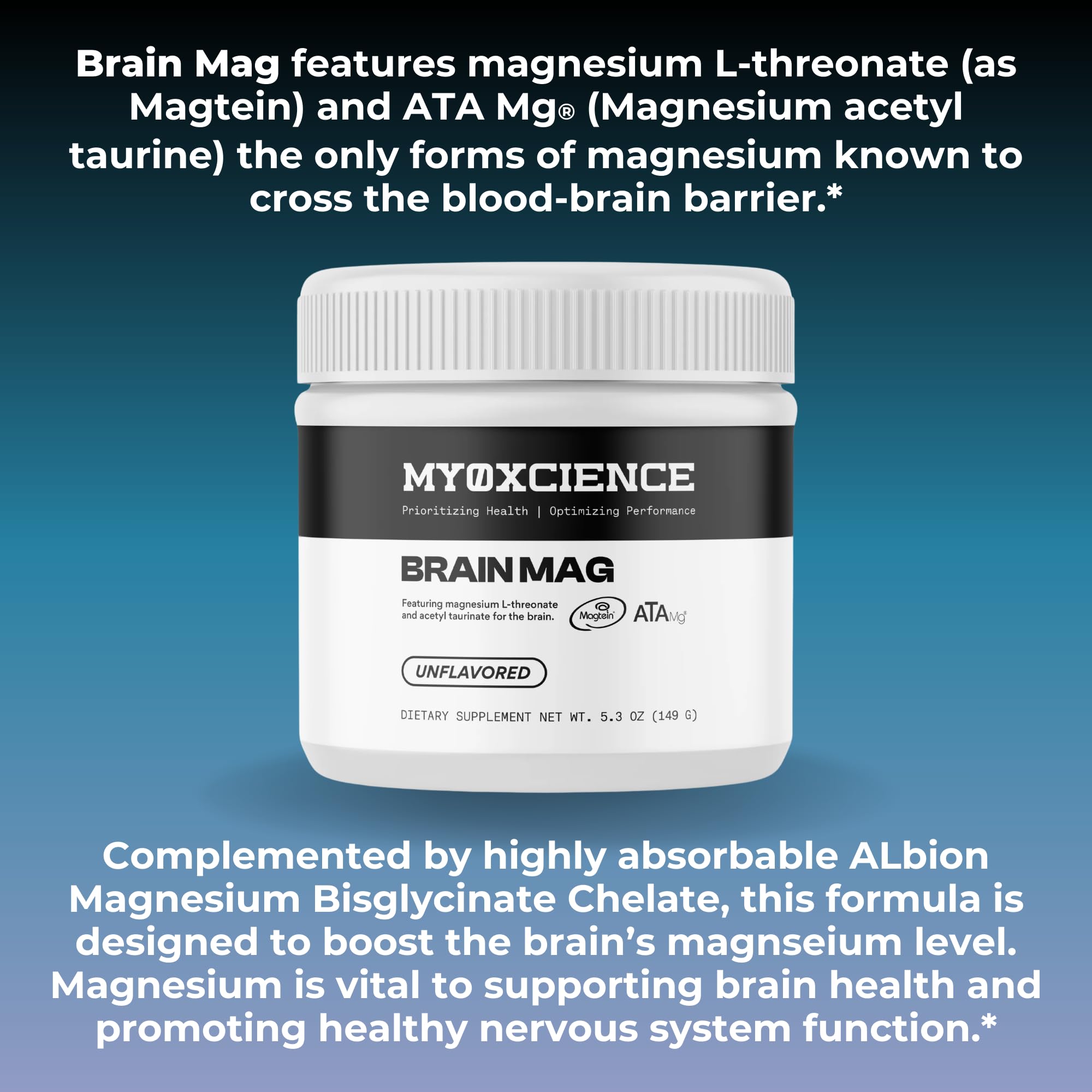 MYOXCIENCE Brain Mag | Magnesium L-Threonate Magtein & Magnesium Glycinate Powder (Unflavored) (60 Servings) - Maple Wellness Supplements