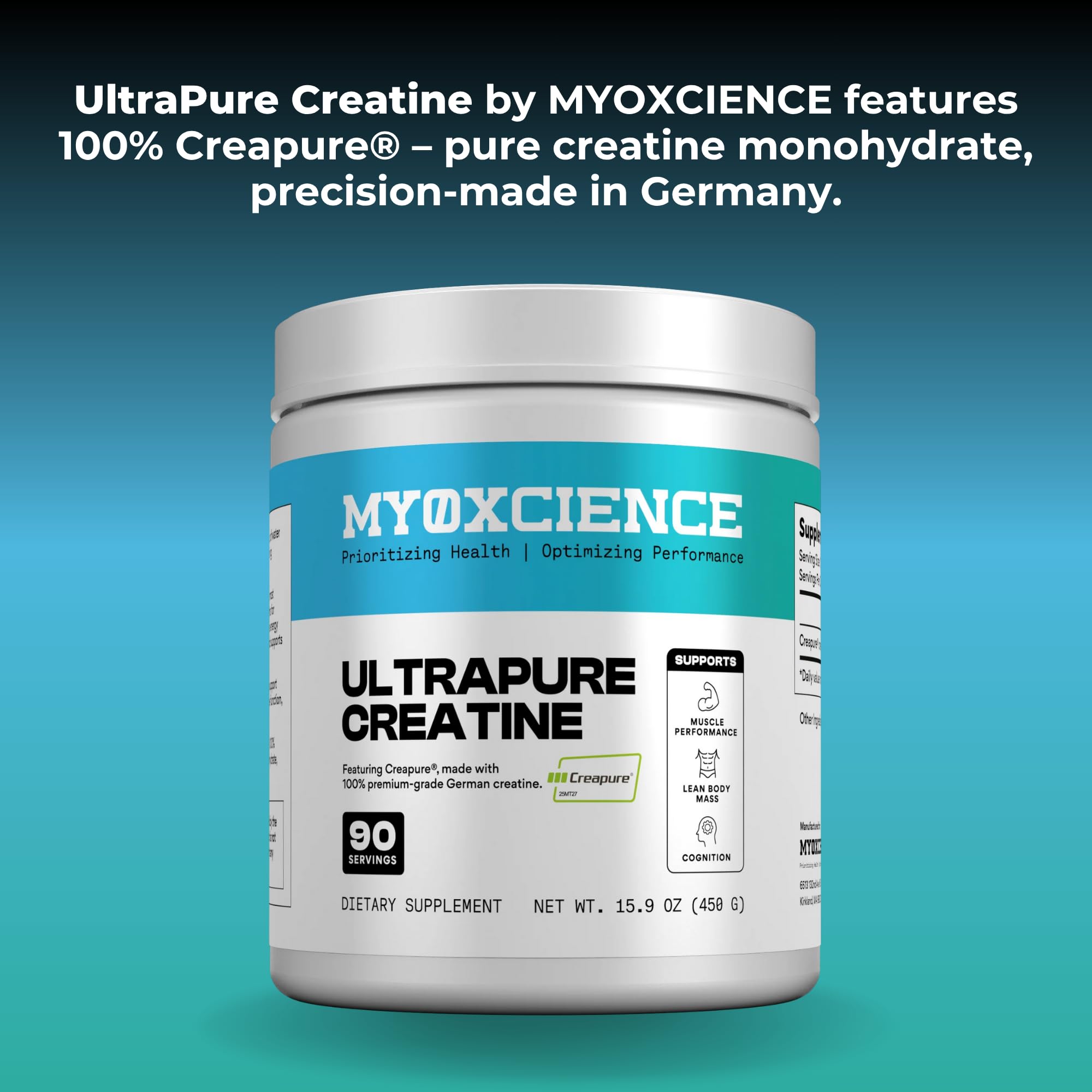 MYOXCIENCE Creapure® Creatine | 5 Grams German Creatine Monohydrate Per Serving | Supports Muscle Performance, Lean Body Mass, & Cognition (90 Serving Jar) - Maple Wellness Supplements